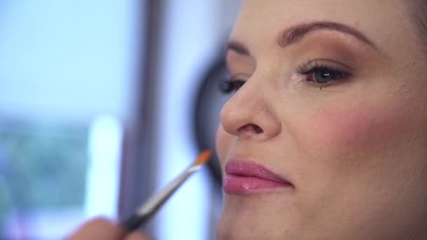 Close Rosto Uma Mulher Usando Serviços Maquiador Maquiador Aplica Brilho — Vídeo de Stock