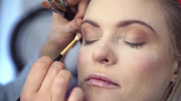 Beautician Gives Professional Makeup Her Client Close Womans Face Makeup — Stock Video