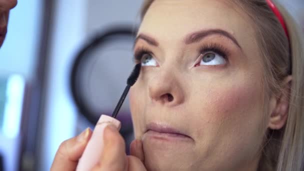 Close Face Beauty Salon Client Makeup Artists Hands Foreground Makeup — Stock Video