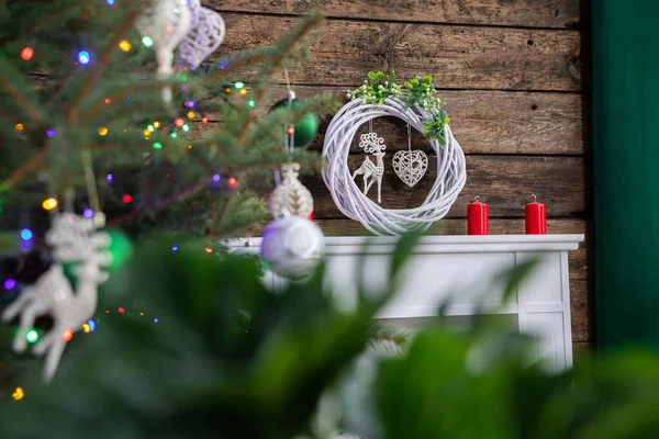 Modest Decoration Clearly Referring Christmas Fireplace Decorated Relive Advent Culmination — Stock Photo, Image
