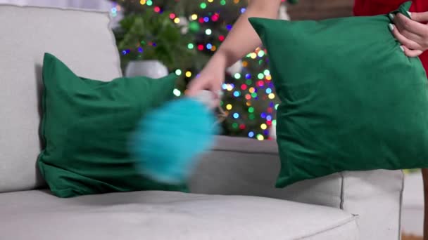 Thorough Dust Cleaning Special Brush Even Cushions Sofa Caring Order — Stock Video