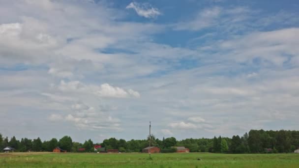 Boven Groene Weide Bewegen Witte Wolken Zich Ver Achter Horizon — Stockvideo