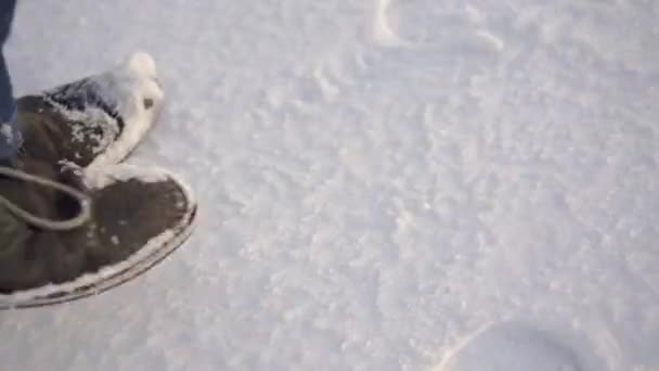 Footsteps Snow Man Walking Snow Close Mans Feet Shoes Man — Stok video