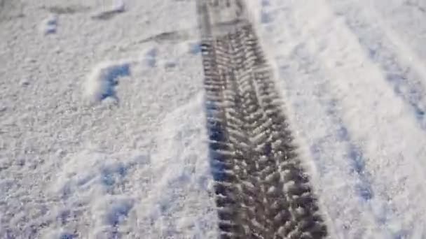Tire Tracks Visible Thin Layer White Snow Cold Winter Day — Video