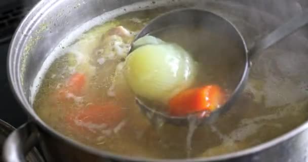 Close Pot Which Broth Boiling Dipping Tureen Spoon Broth Stirring — Stock video