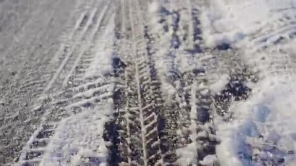 Tire Tracks Visible Thin Layer White Snow Cold Winter Day — Stok video