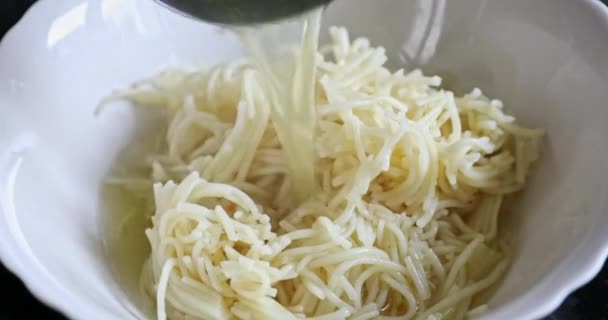 Counter Stands Bowl Filled Cooked Noodles Someone Using Tureen Spoon — Stock Video