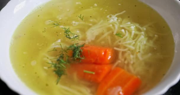 Bowl Standing Counter Large Amount Broth Pieces Carrots Floating Middle — Stock Video