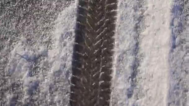 Tire Tracks Visible Thin Layer White Snow Cold Winter Day — Vídeos de Stock