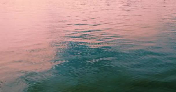 湖の上から撮影したフィルムで 水が穏やかに熟します 水は設定された太陽からクリーミーなピンク色に染められています — ストック動画