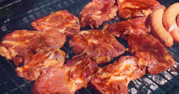 Frisches Dicke Scheiben Geschnittenes Schweinefleisch Wird Auf Dem Grillrost Liegend — Stockvideo