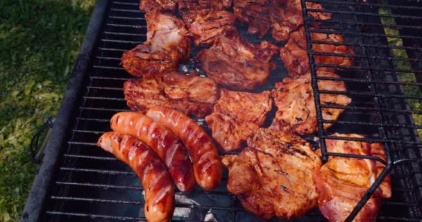 香肠和猪肉在点燃的烤肉架上烘烤 在夏季 周末的饭菜是在外面准备的 — 图库视频影像