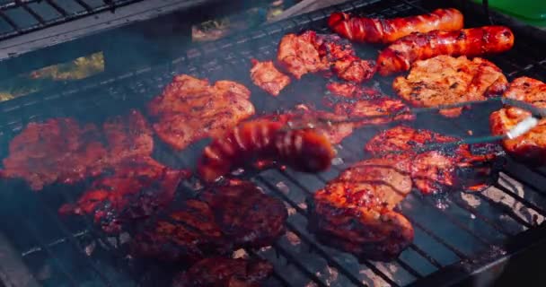 Using Tongs Grill Staff Turns Meat Other Side Hot Grate — Stock Video