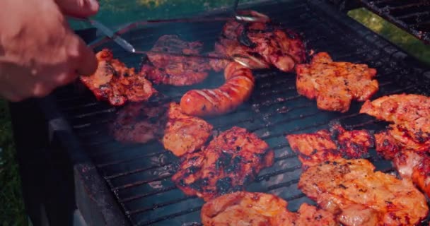 Using Tongs Grill Staff Turns Meat Other Side Hot Grate — Stock Video
