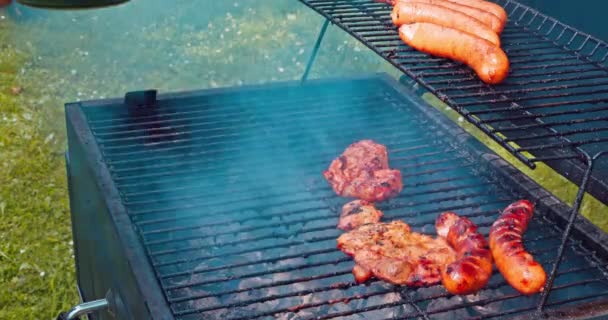 烤架上烤着猪肉和香肠的特写镜头 户外度假时的异乎寻常的烧烤美食 — 图库视频影像