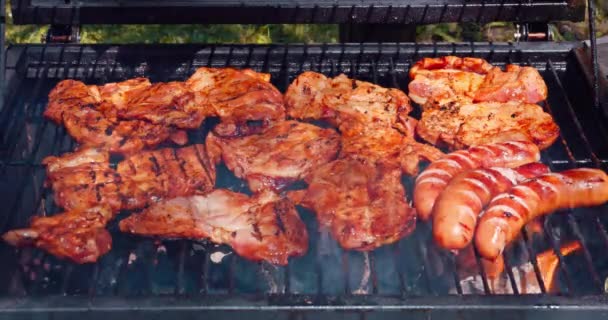 Smaczny Kuszący Widok Smażenia Mięsa Kiełbasy Gorącym Grillu Weekendowe Posiłki — Wideo stockowe
