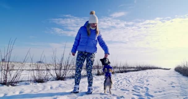 Egy Lehúzható Kabátban Pom Pom Kalapban Sétál Téli Hóban Nővel — Stock videók