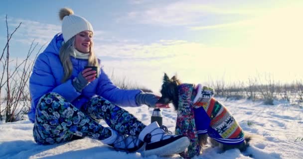 背景上的冬季风景 前景是一个穿着冬季夹克和帽子的女人 那个女人正坐在雪地里喝着热腾腾的饮料 在女人旁边坐着一个 — 图库视频影像