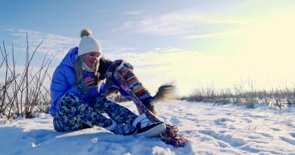 Dziewczyna Siedząca Śniegu Przywołuje Niej Psa Pies Szczęśliwie Skacze Swojego — Wideo stockowe
