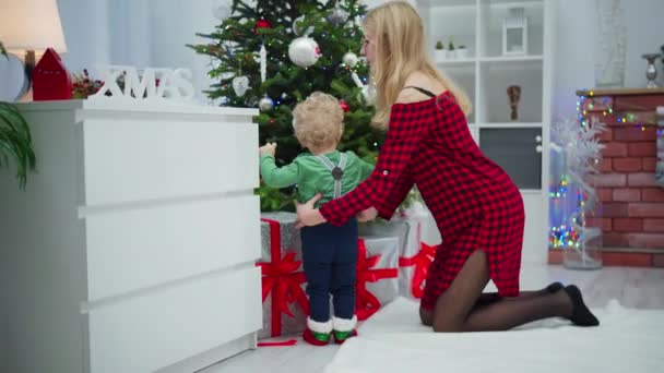 Bambino Guarda Gli Ornamenti Appesi All Albero Natale Madre Solleva — Video Stock