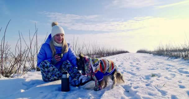 カラフルなフード付きのジャケットとスカーフを着た小さな犬が飼い主のそばに座っています 女の子は雪の中に座って 犬に微笑む — ストック動画