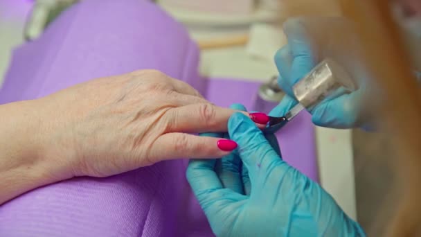在美容院里手拉手一位造型师在她的客户的粉红指甲上精确地涂上了外皮 — 图库视频影像