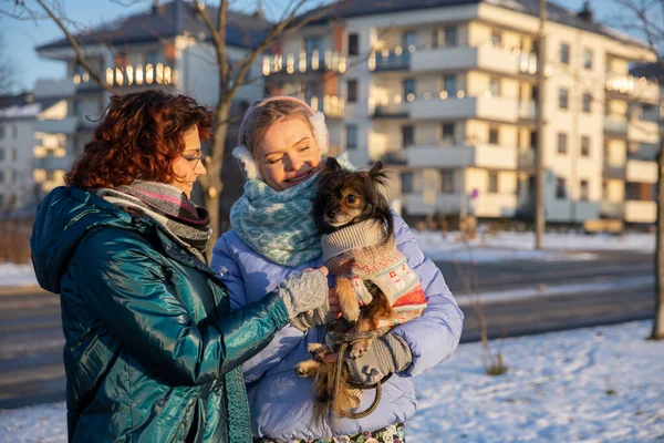 A blonde woman in earmuffs hugs a small fluffy dog and smiles. A second woman approaches and strokes the dog. An apartment building can be seen in the background.