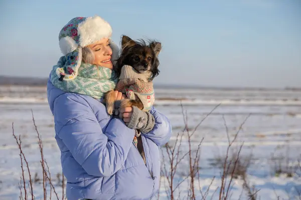 The small breed dog is dressed in a special sweater. The owner is holding him in her arms so he wont get cold walking in the snow. The woman is wearing a blue jacket and a brightly colored hat.