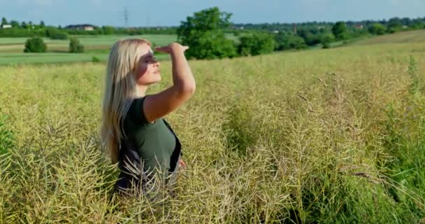 올리브 오버러와 블라우스를 농부는 그녀의 성숙한 필드를 조사합니다 정오에 빛나는 — 비디오