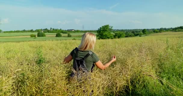 주위에 빛나면서 농부는 기쁨과 만족을 제외한 그녀의 성숙한 필드에 자랑스럽게 — 비디오