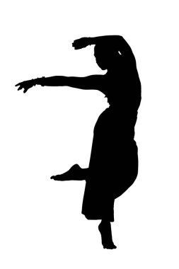 Zarif bir kadının güzel bir silueti beyaz bir arka planda zarif bir şekilde dans ederek çarpıcı bir görsel karşıtlık yaratıyor.