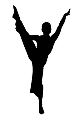 Bir bireyin çarpıcı bir silueti zarif bir şekilde tek bacağının üzerine yerleştirilmiş, kollarını zarif bir şekilde uzatarak büyüleyici bir poz vermiş.