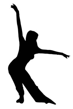 Güzel siluet bir kadın zarif bir şekilde beyaz arka planda dans ediyor, hareketi ve zarafeti vurguluyor.