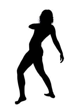 Zarif bir kadının güzel bir silueti saf beyaz arka planda zarif bir şekilde dans ederek çarpıcı bir kontrast oluşturuyor.