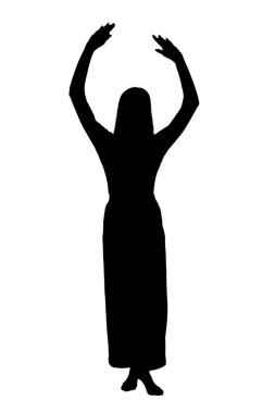 Görüntüde, kollarını havaya kaldırmış, özgürlüğünü ifade eden zarif bir şekilde duran çarpıcı bir kadın silueti var.