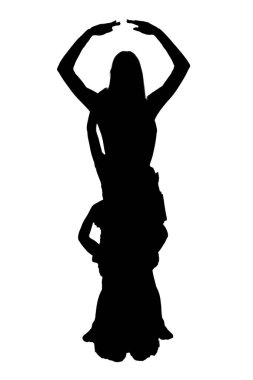 Bir dansçının zarif silueti saf beyaz bir arka plana karşı zarif bir şekilde poz verir, dinamik bir hareket ve ifade sergiler.