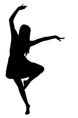 Zarif bir kadının büyüleyici bir silüeti saf beyaz bir arka plana karşı neşeyle dans ederek güzel bir görsel karşıtlık yaratıyor.