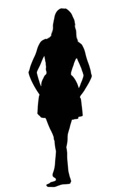 Çarpıcı bir siluet bir kadın zarif bir şekilde tek bacağının üzerinde duruyor. Temiz, beyaz bir arkaplan, duruşunu ve duruşunu vurguluyor.