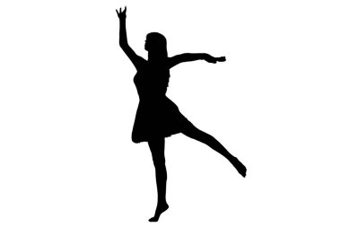 Büyüleyici bir siluet, saf beyaz arka planda zarif bir şekilde dans eden bir kadın, çarpıcı bir görsel karşıtlık yaratıyor.