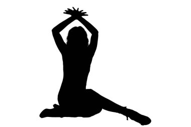 Bir kadının çarpıcı silueti zarif bir şekilde yerde oturuyor elleri havada, dinamik bir görsel efekt yaratıyor.