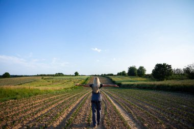 Bir insan, berrak mavi gökyüzünün altındaki yemyeşil bir tarlada canlı mahsuller arasında rahatça yürür.
