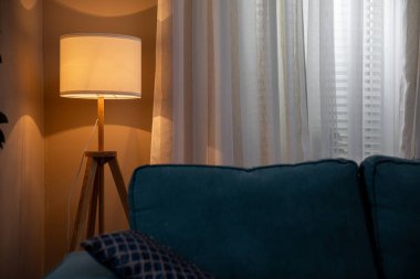 Rahat ve davetkar bir oturma odası modern bir lamba ve süper lüks bir kanepe, tam bir rahatlama için ideal.