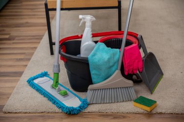 Her türlü ev temizliği görevine hazır, bir kovada canlı temizlik aletleri koleksiyonu.