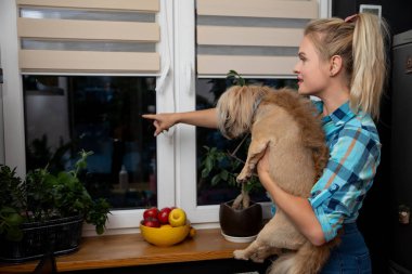 Bir kadın köpeğini tutar ve taze meyve ve bitkilerle dolu modern bir mutfaktan heyecanlı bir şekilde dışarı işaret eder.