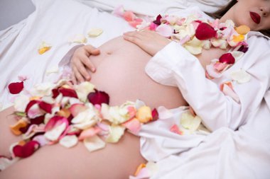 Yumuşak gül yapraklarıyla süslenmiş, hamileliğin özünü yakalayan huzurlu ve huzurlu bir doğum anı.