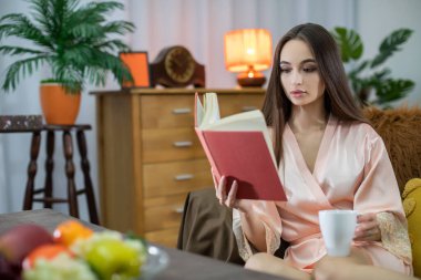 Sakin ve huzurlu bir anda, genç bir kadın rahat ve davetkar bir yerde büyüleyici bir kitap okuyarak eğleniyor.