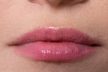 Güzel, parlak, pembe dudakların büyüleyici bir doğal ve taze görünüm sergilediği çekici bir yakın plan fotoğrafı.