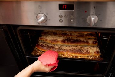 Silikon eldiven takan bir el yeni pişmiş yiyecekleri almak için sıcak fırına uzanıyor.
