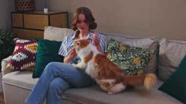 Bir kadın sıcak ve rahat bir oturma odasında sevgili kedisiyle keyifle vakit geçirir.