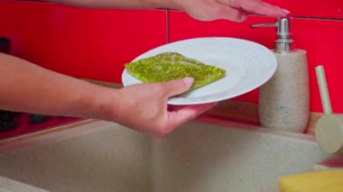 Modern ve şık bir mutfakta, bir kişi lavaboda yeşil bir sünger kullanarak beyaz bir tabağı dikkatlice temizliyor.